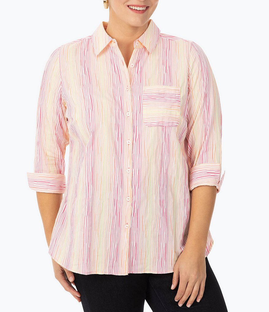 Foxcroft Plus Size Germaine Point Collar Neck 3/4 Sleeve Ombre Crinkle Stripe Button Front Tunic