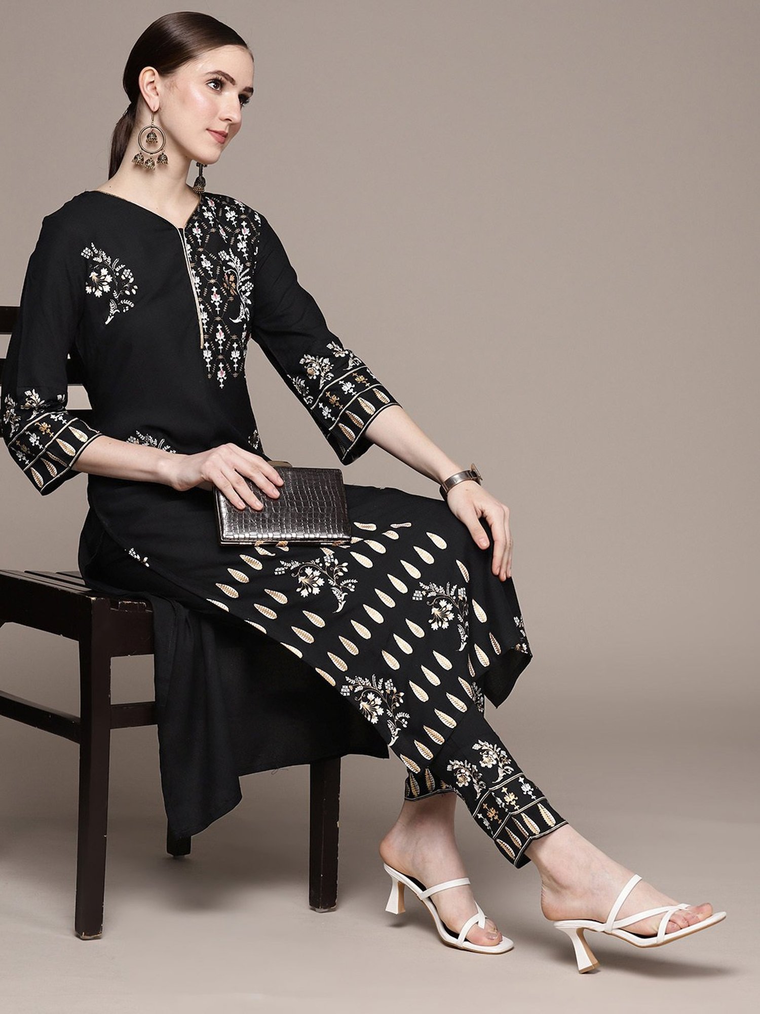 Ziyaa Black Embellished Kurta Pant Set