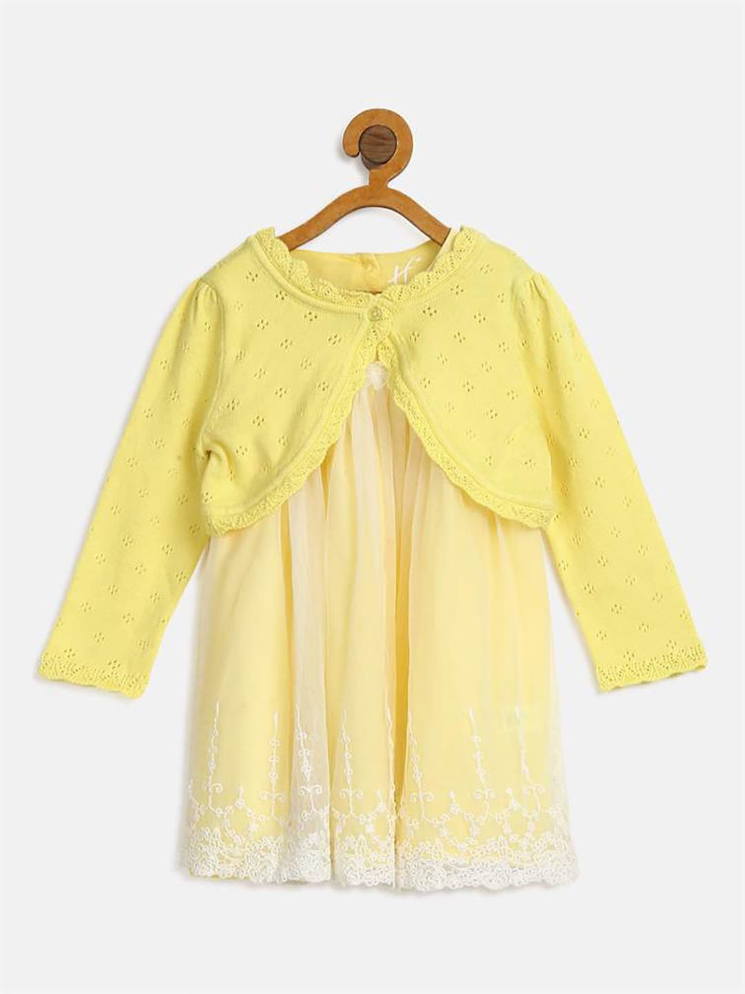 H by Hamleys Infants Girls Yellow Self Design Full Sleeves Dress With Cardigan