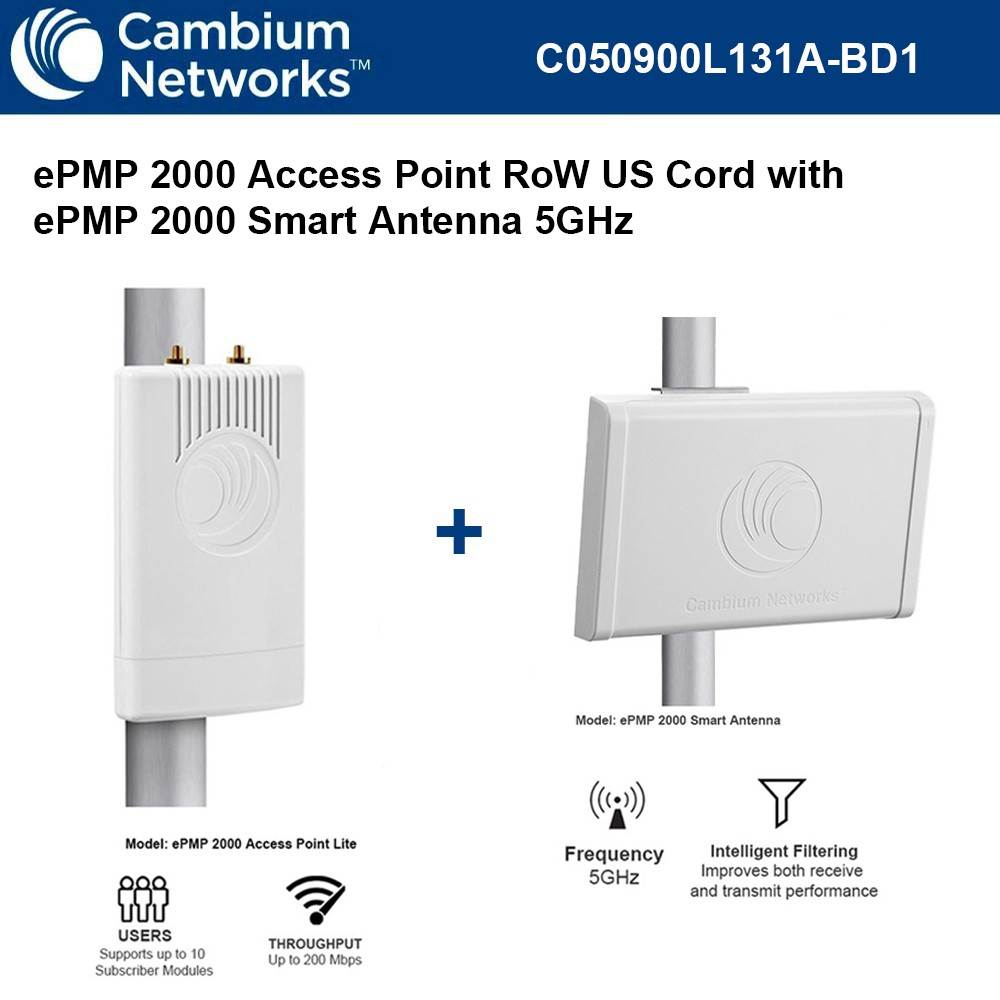 Cambium ePMP 2000 5GHz Access Point Lite Intelligent Filtering and Sync RoW and US Cord with ePMP 2000 Smart Antenna 5GHz Smart Beamforming