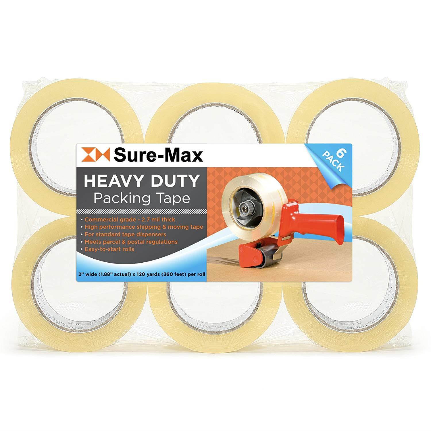 Sure-Max 6 Rolls Heavy-Duty Shipping & Packing Tape (2" x 120 yard/360' Each) - Moving & Adhesive Carton Sealing - 2.7mil Clear