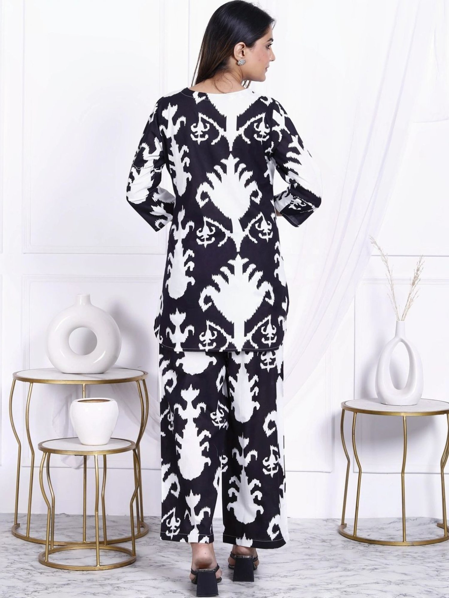 Kaftanize Black Abstract Printed Cotton Short Tunic with Pant