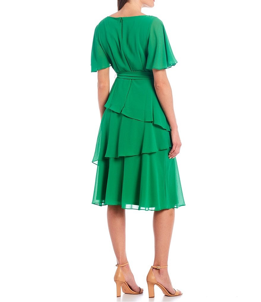 Jessica Howard Flutter Sleeve Jewel Neck Asymmetrical Tier Belted Dress