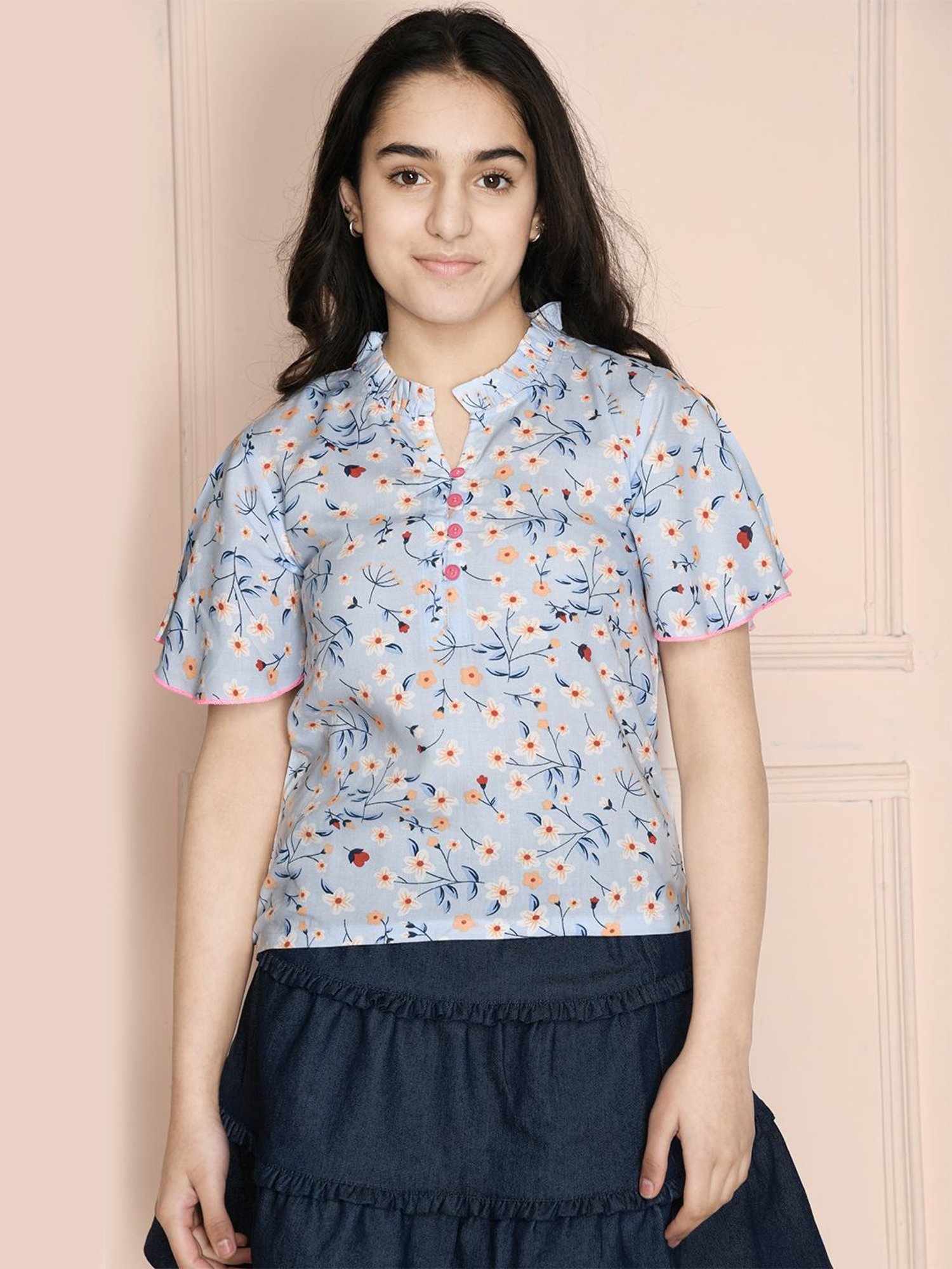 Lilpicks Kids Sky Blue Floral Print Top