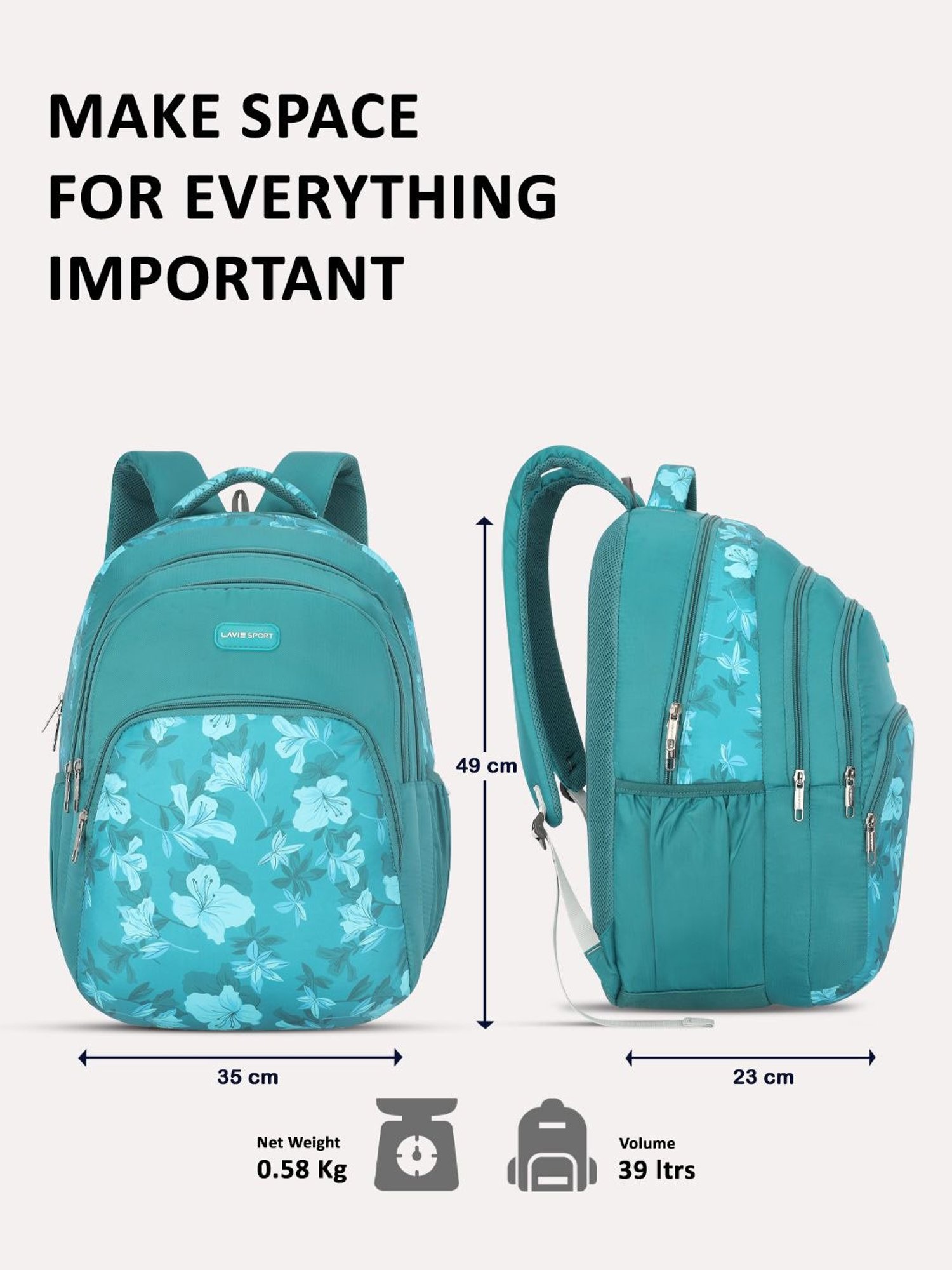 Lavie Sport Cherry Blossom 39L Printed School Backpack with Rain cover for Girls (Teal)
