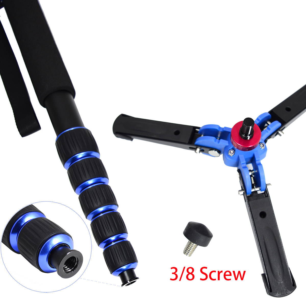 Koolehaoda Lightweight Portable 63-inches Camera Aluminium Monopod with Folding Three Feet Support Stand. 6-Section Leg, Leg max Diameter: F28MM, Folding Length: 42cm /16.5inch(K-266 Blue)