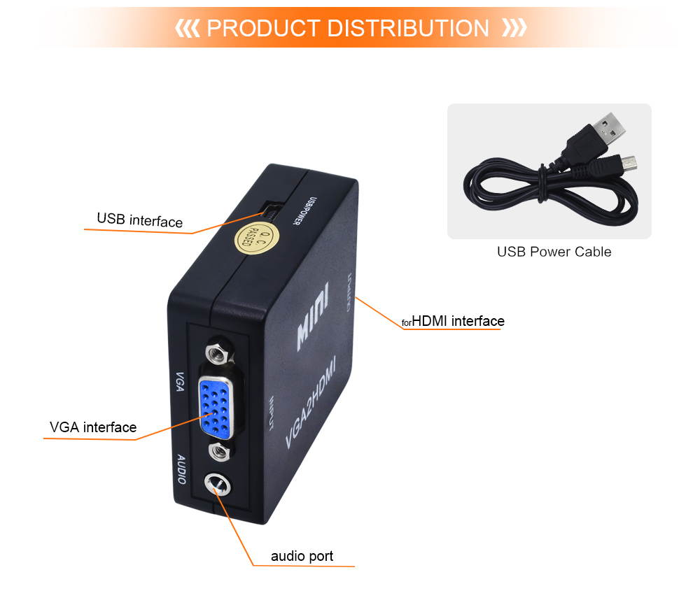 Wanmingtek VGA to HDMI, 1080P Full HD Mini VGA to HDMI Audio Video Converter Adapter Box with USB Cable and 3.5mm Audio Port Cable for Computer, Desktop, Laptop, PC, Monitor, Projector, HDTV - Black