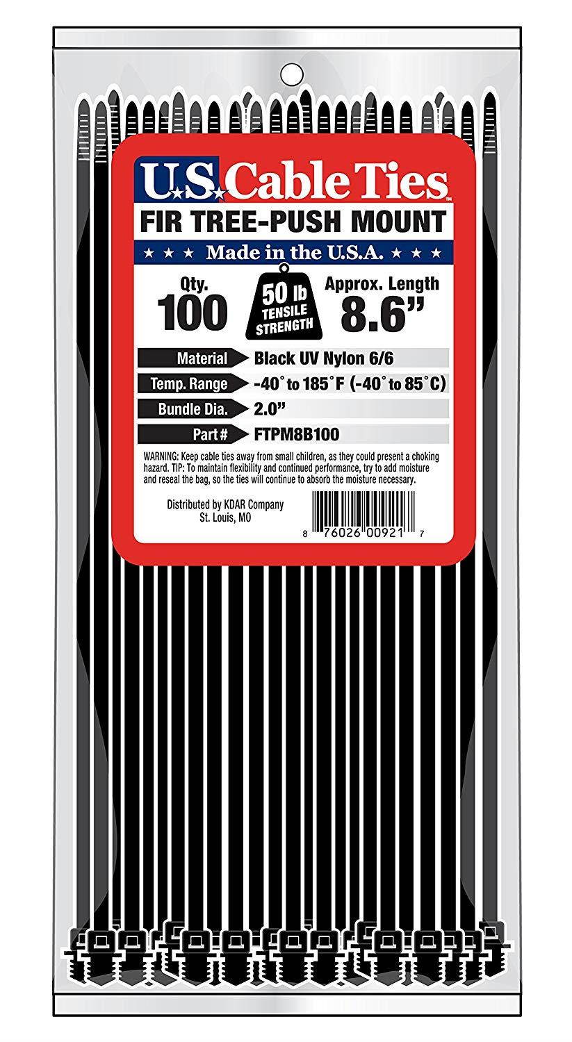 US Cable Ties FTPM8B100 8-Inch Fir Tree Push Mount Ties, UV Black, 100-Pack
