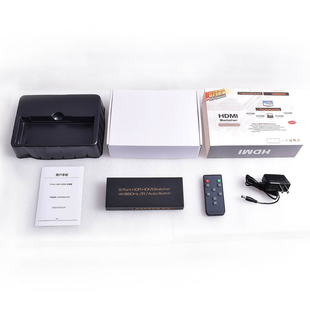 5 Port HDR HDMI Switcher.Support 4K@60Hz UHD signal input and output.Five HDMI Inputs switch to one HDMI Output