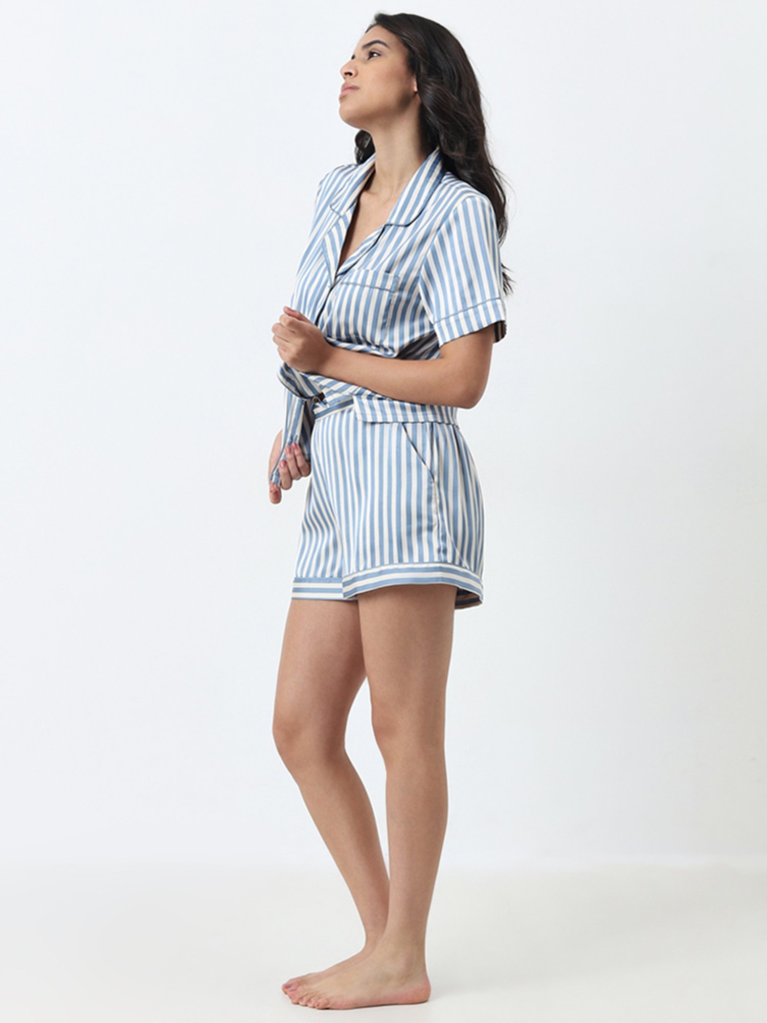 Wunderlove by Westside Blue Striped Shirt with High-Rise Shorts Set