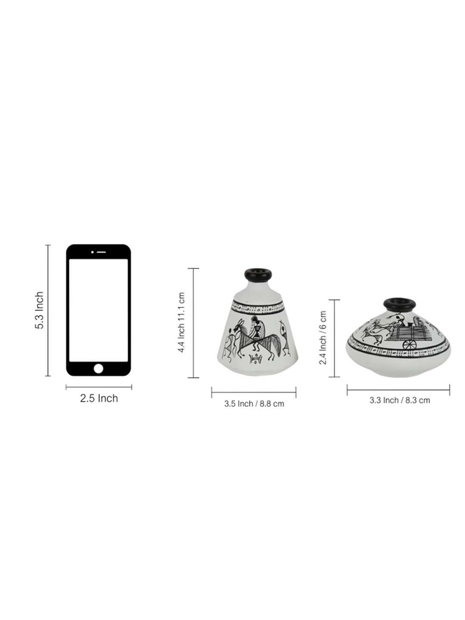 ExclusiveLane Terracotta Warli Handpainted Set Of 2 Pots Showpieces In White