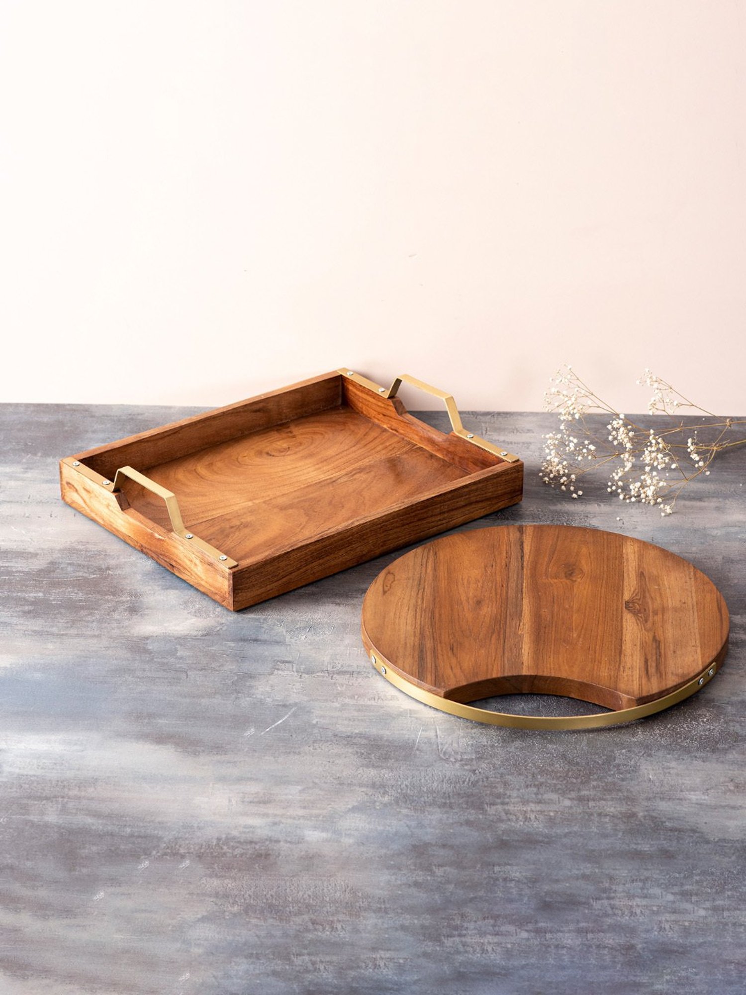 Nestroots Brown Teak Wood Serving Tray & Platter Set