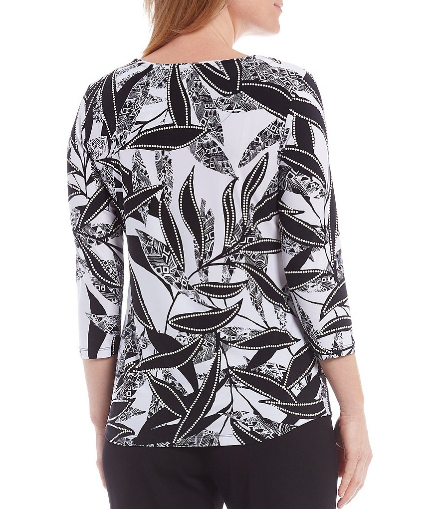 Allison Daley Petite Size Paradise Leaf Puff Print 3/4 Sleeve Top