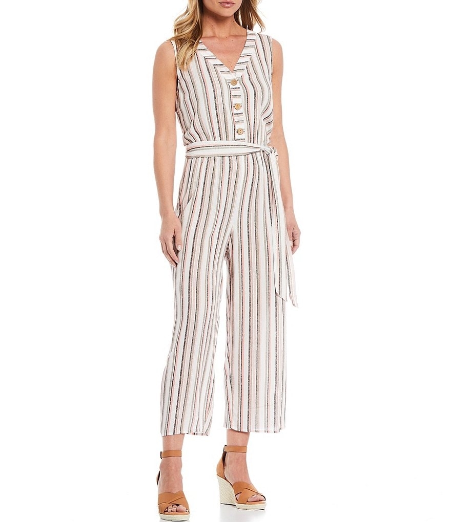 I.N. Studio Petite Size Stripe Crepon V-Neck Sleeveless Wide-Leg Sash Belted Jumpsuit