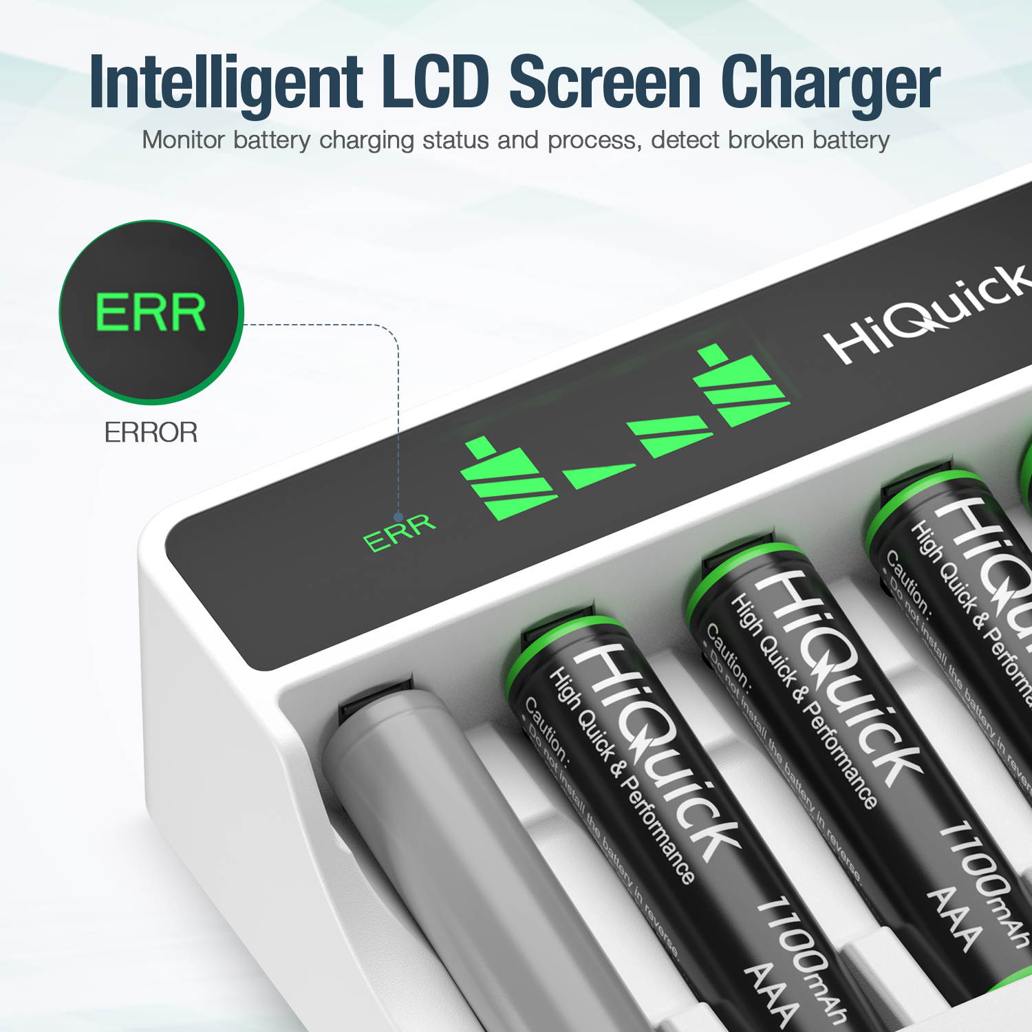 HiQuick 8 Packs 1100mAh 1.2V AAA Rechargeable Batteries + 8 Bay Independent LCD Battery Charger for Ni-MH Ni-CD Battery