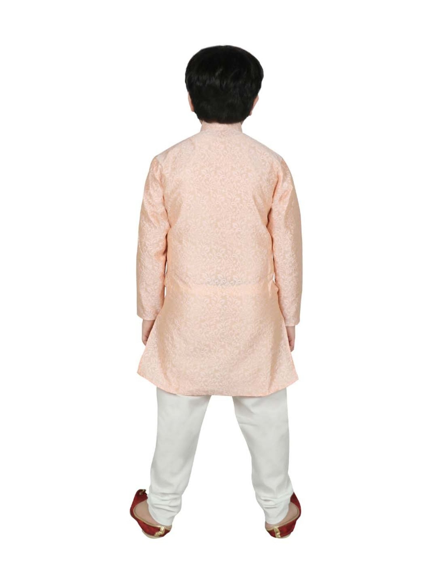 SG Yuvraj Kids Peach & White Self Full Sleeves Kurta Set