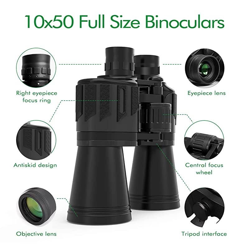Binoculars for Adults 10x50 FullSize Clear Binocular for Bird Watching Hunting Travel ConcertPowerful Compact Binoculars Telescope with Strap Carrying Bag Phone Mount