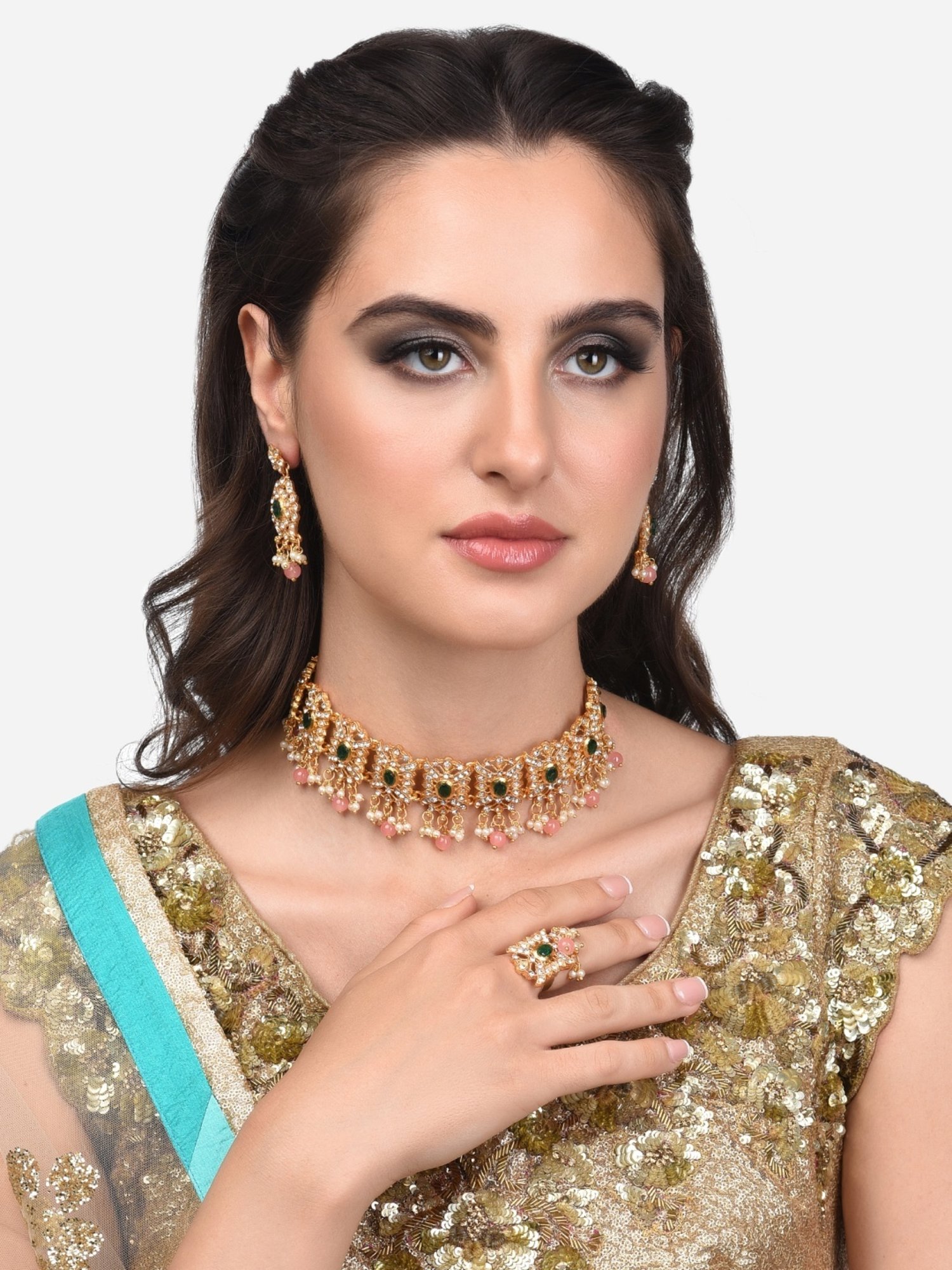 Zaveri Pearls Green & Pink Stones Traditional Choker Necklace Earring & Ring Set-ZPFK13803