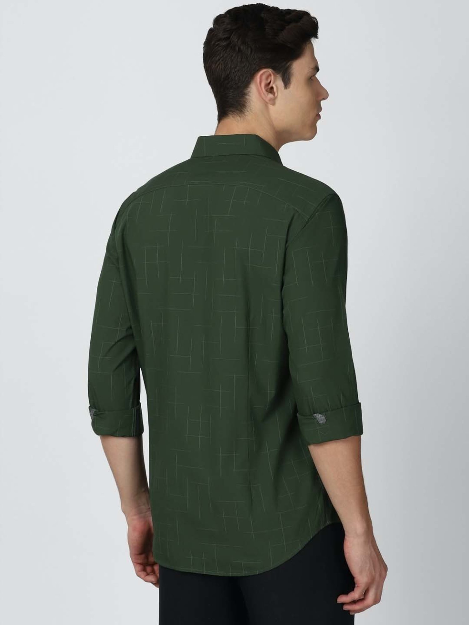 V Dot Green Slim Fit Self Pattern Shirt