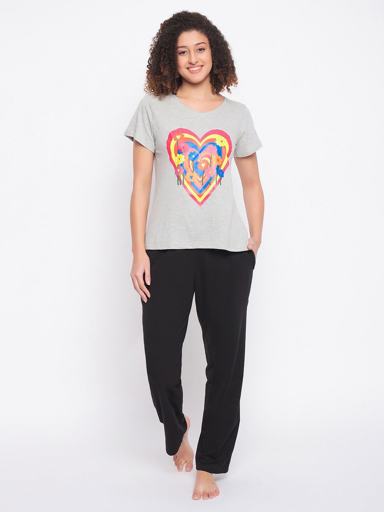 Clovia Grey & Black Cotton Printed T-Shirt With Pyjamas
