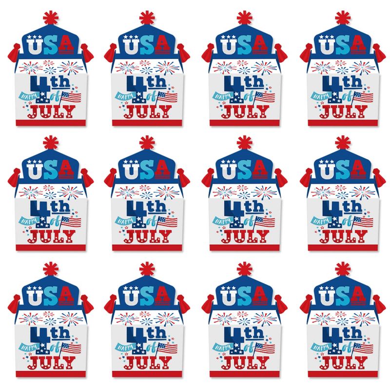 Big Dot of Happiness Firecracker 4th of July - Treat Box Party Favors - Red, White and Royal Blue Party Goodie Gable Boxes - Set of 12