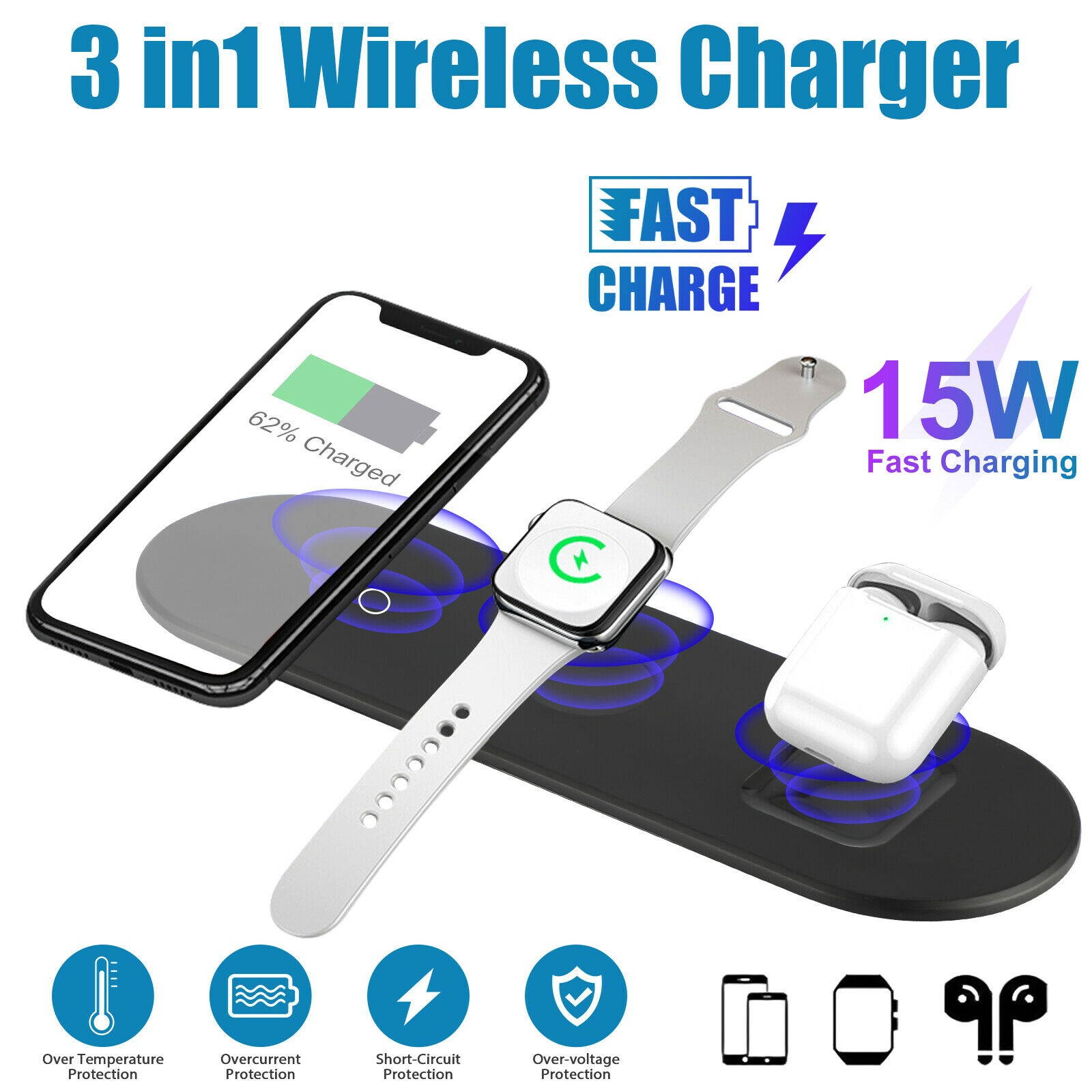 15W Qi Wireless Charger Dock Charging Pad for Air Pods Galaxy Buds iWatch Phone