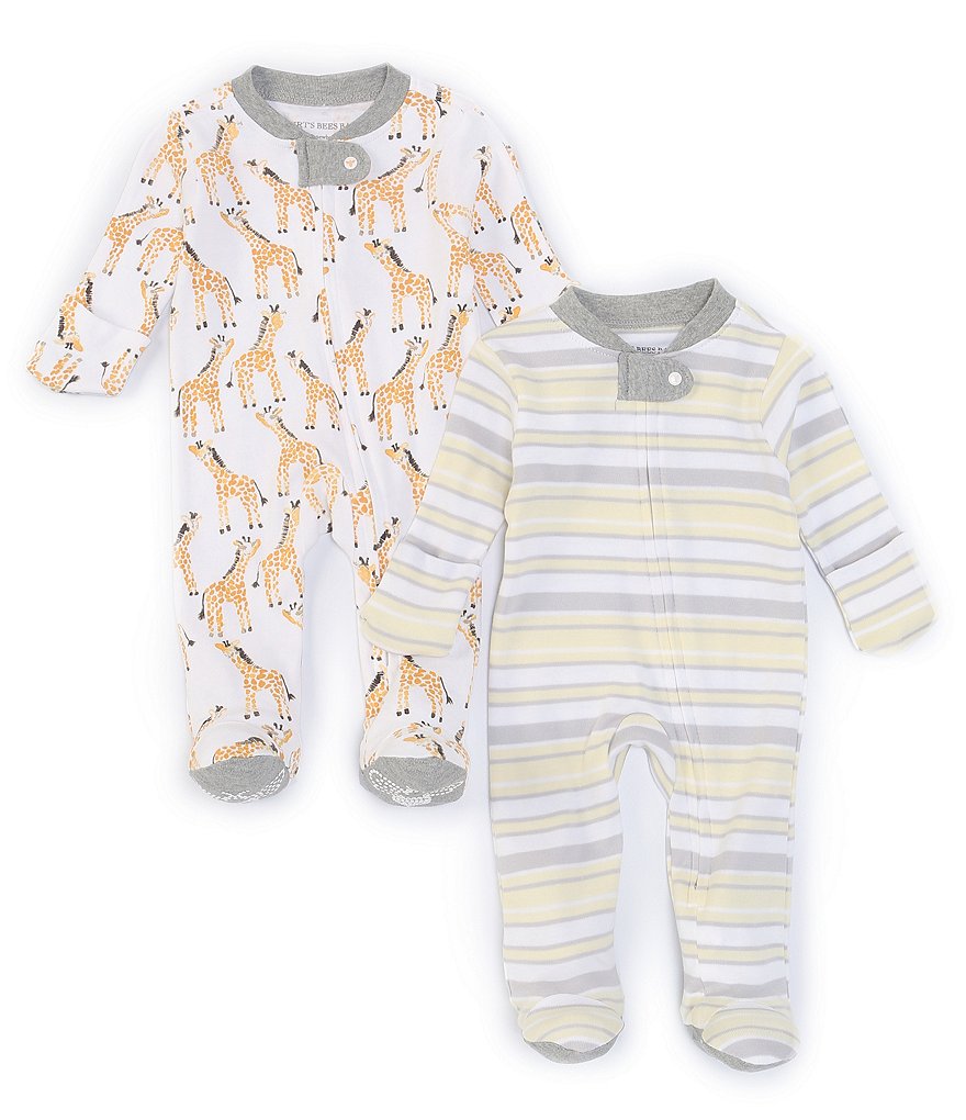 Burt's Bees Baby Newborn-9 Months Long-Sleeve Giraffes/Stripe Loose-Fit 2-Pack Footed Sleeper