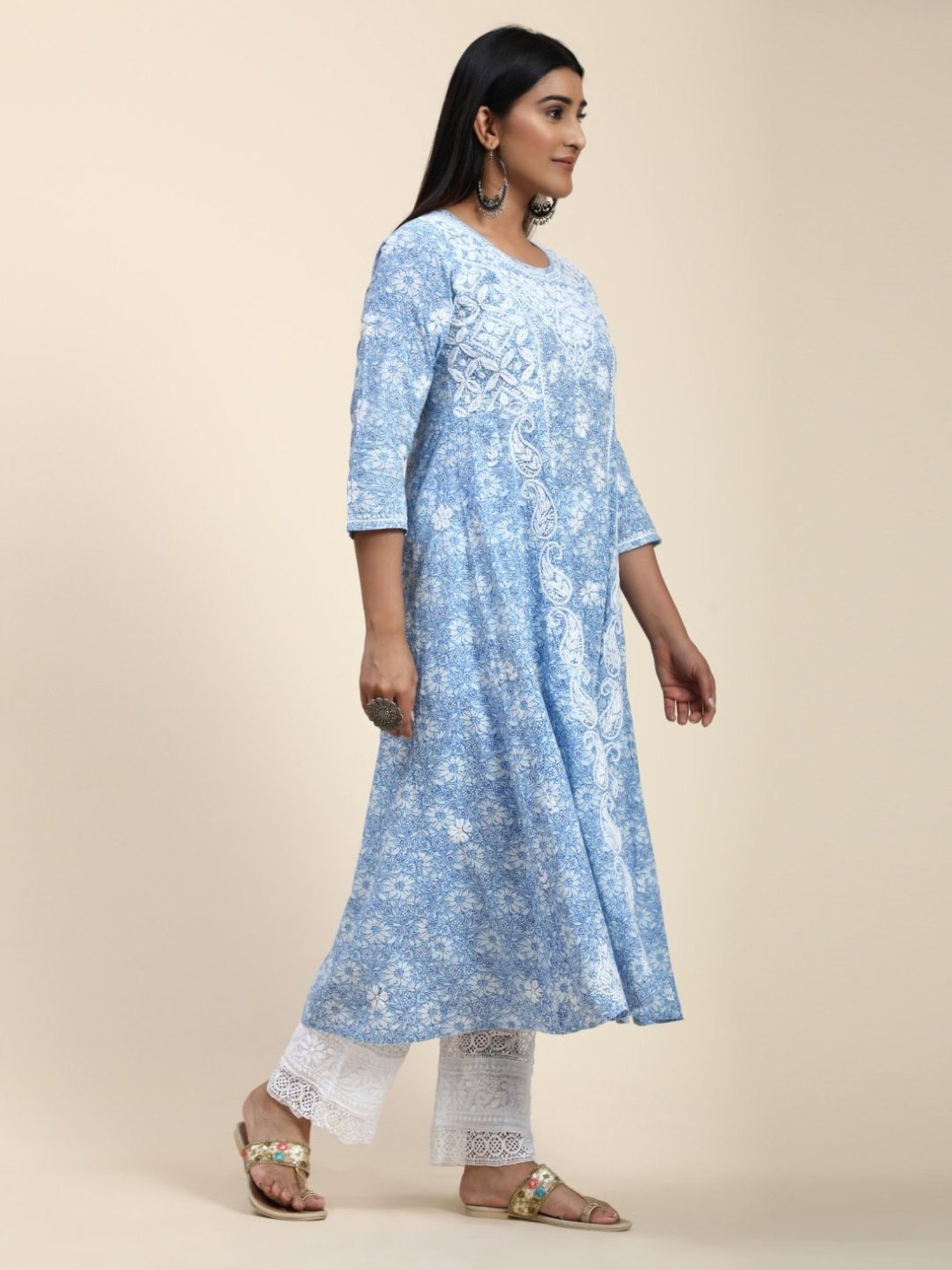 House Of Kari HOK Hand Embroidery Chikankari Long Kurti for Women -Printed Blue