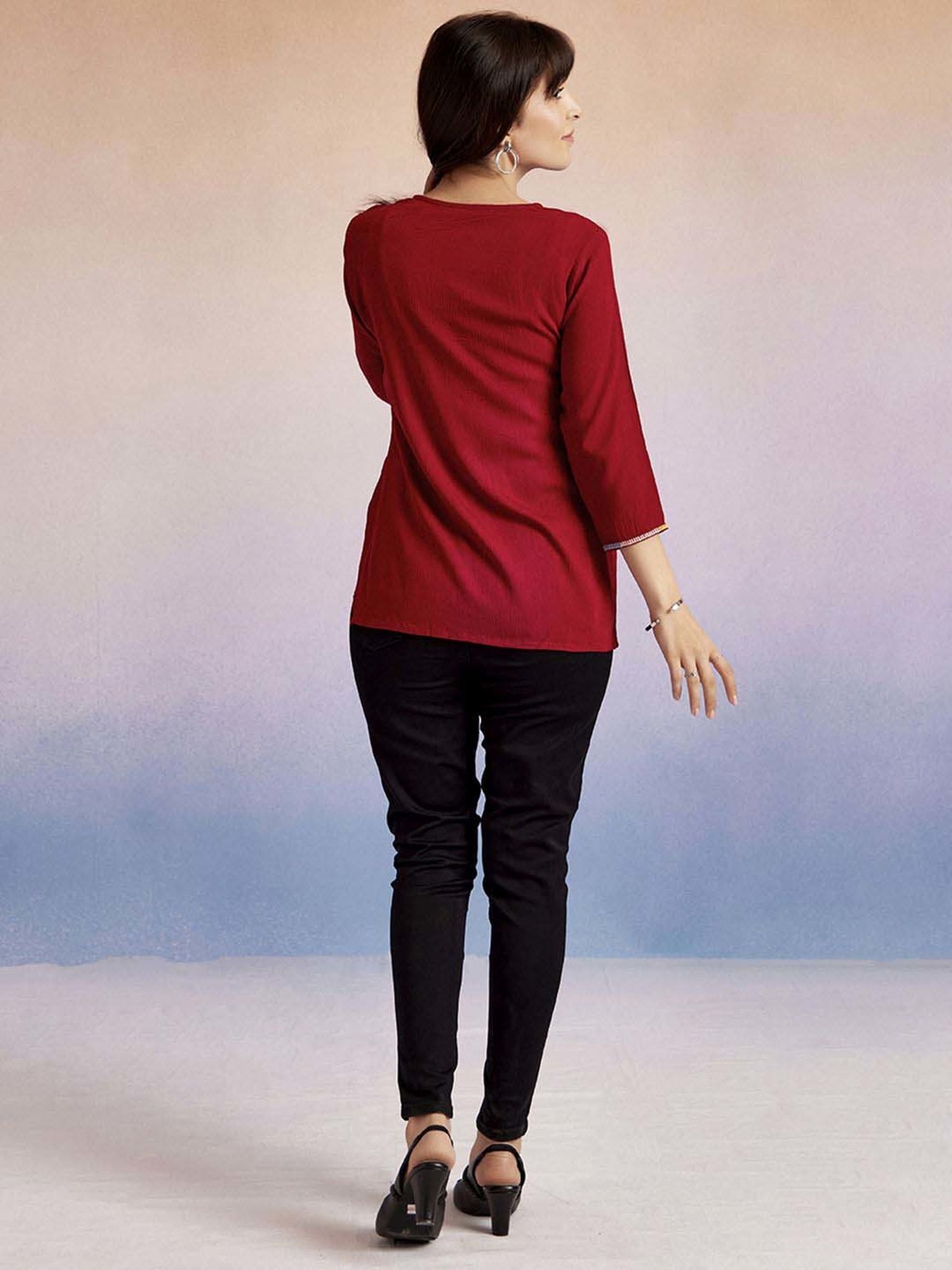 Jaipur Kurti Red Embroidered Top