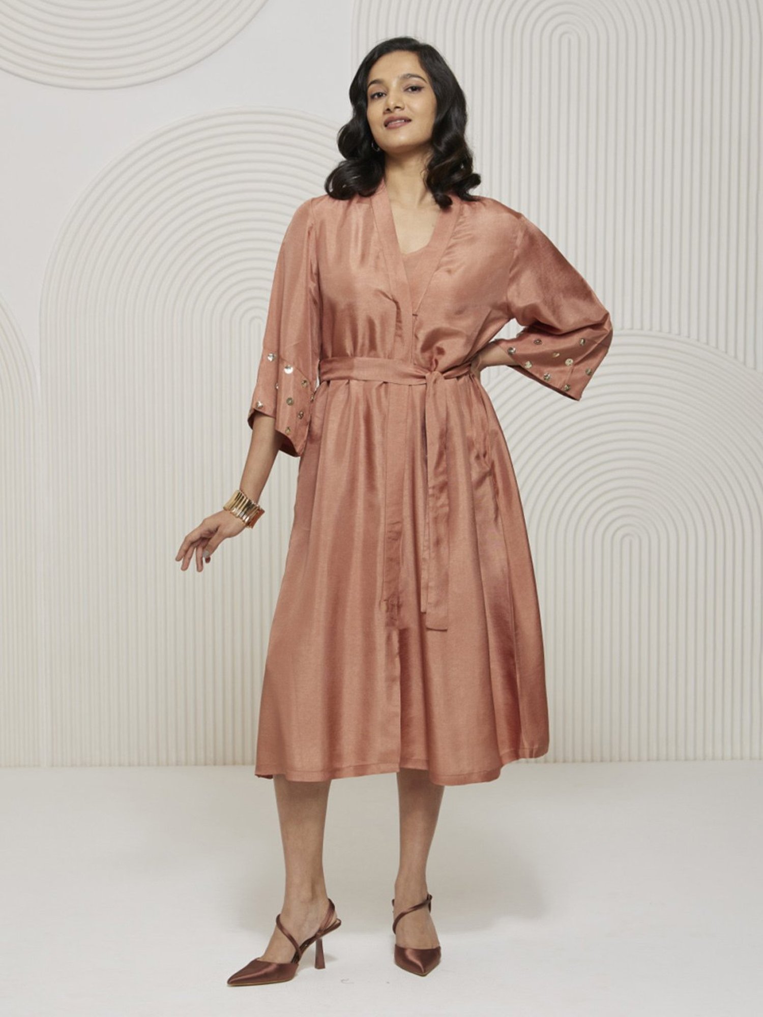 Artagai Salmon Pink Romancing Aari Shirt Dress With Tie-Up And Embellished Sleeve