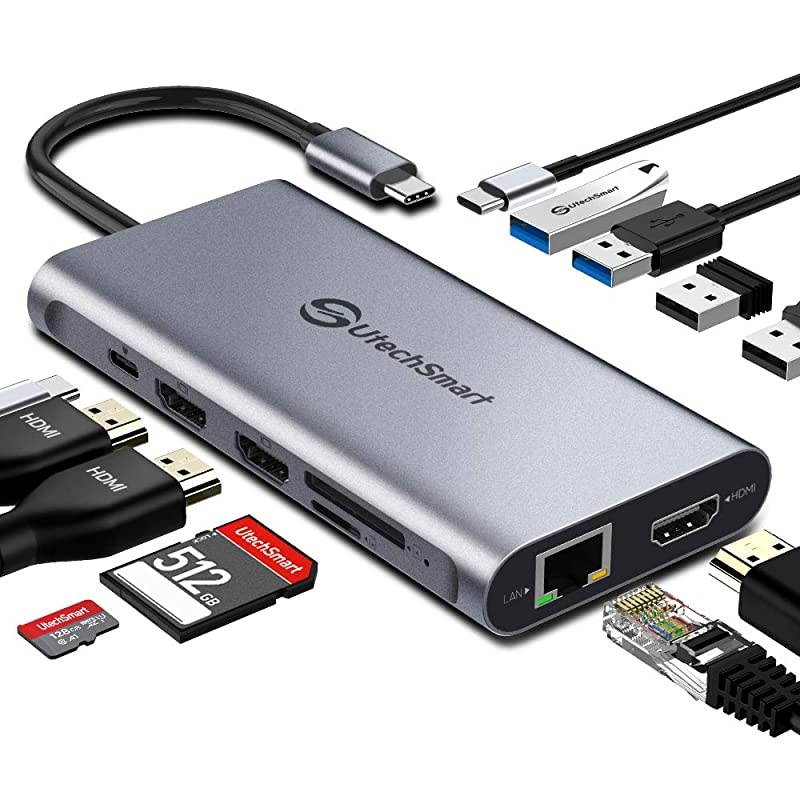 USB C Hub USB C Docking Station  Triple Display 12 in 1 Type C Laptop Dock Station Adapter Compatible for MacBook and Windows3HDMI PD30 SD TF Card Reader Gigabit Ethernet 4USB Ports