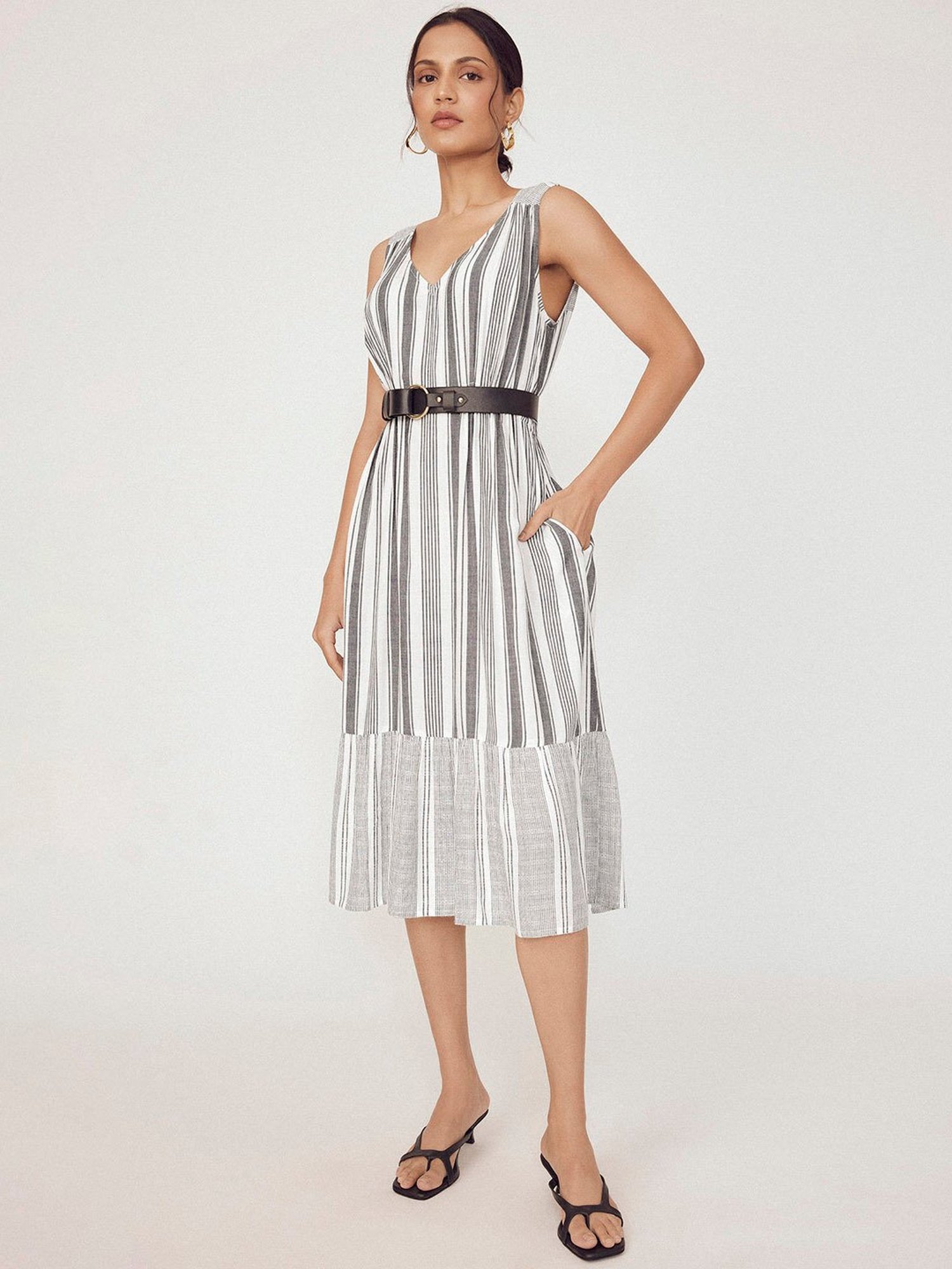 The Label Life White Striped Midi Dress