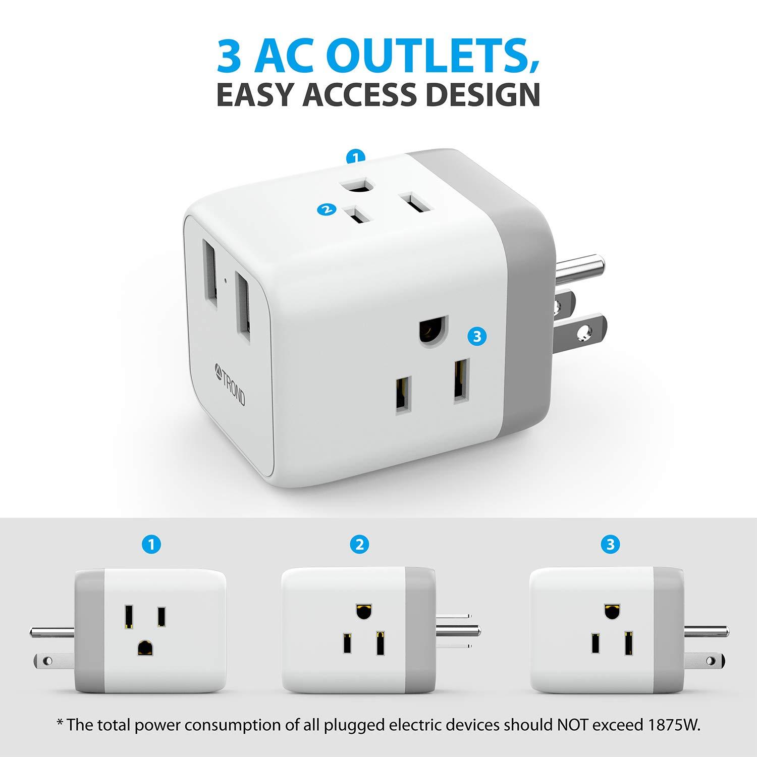 Multi Plug Outlet Extender, ETL Listed, TROND Electrical Outlet Splitter Expanders with 2 USB Ports, 3 Prong Wall Plug Adapter, Power Strip Cube Cruise Ship Accessories Must Have