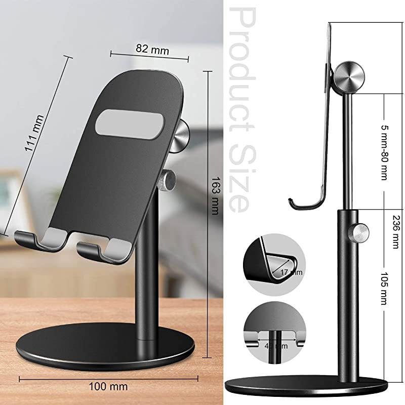 Cell Phone Stand, Aluminum iPad Tablet Stand Holder for Desk, Angle Height Adjustable iPhone Stand, Compatible with iPhone iPad Pro, Air, Mini 4 3 2, Kindle, (4-12.9'')-Black