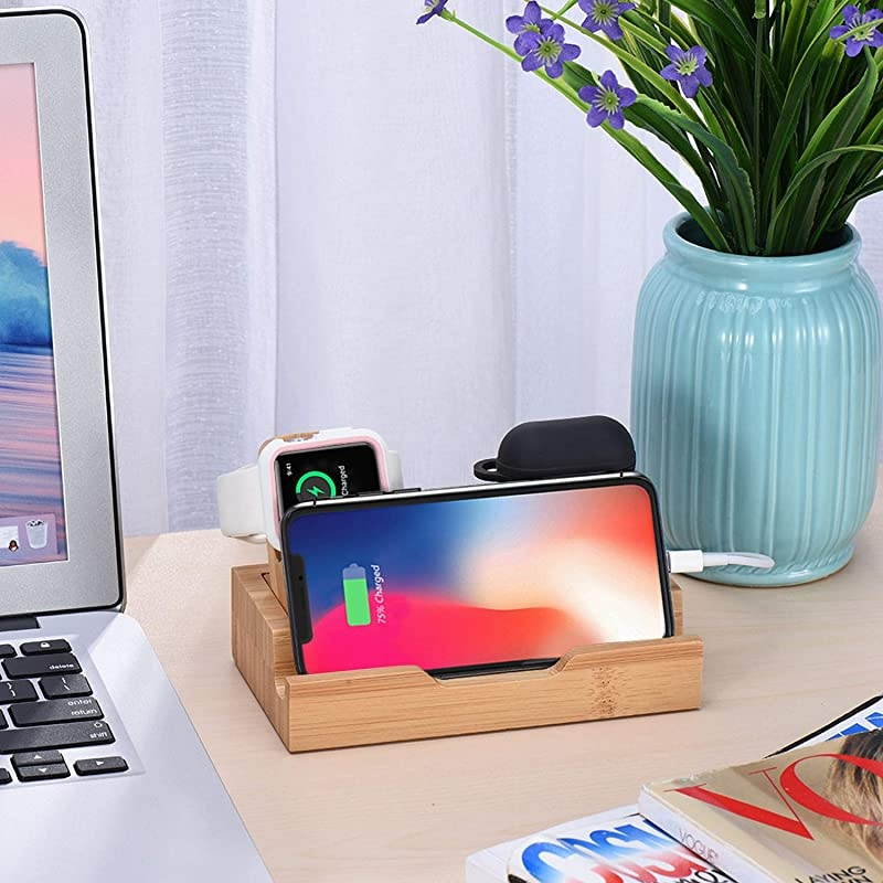 3Port Bamboo Charging Station Desk Dock Stock Cradle Holder Organizer Charging Stand for Universal Multi Device Compatible AirPodsApple WatchCell Phone with Case
