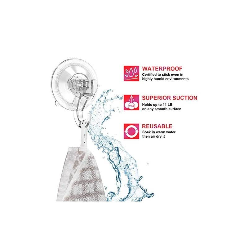 Suction Cup Hooks- 6 Pack Removable Suction Hooks- Powerful Waterproof Shower Hooks for Bathroom - Reusable Heavy Duty Vacuum Suction Hanger for Wreaths, Kitchen, Window, Tile, Loofah, Towel