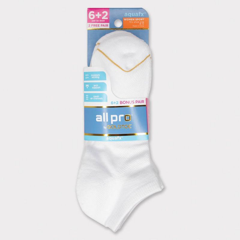 All Pro Women's Extended Size Aqua FX 6+2 Bonus Pack No Show Athletic Socks - White 8-12