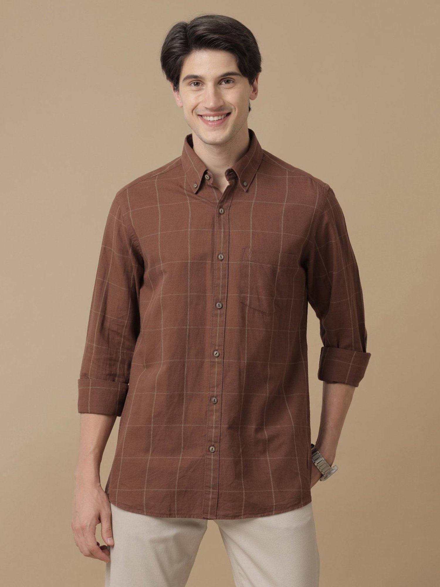 CAVALLO by Linen Club Brown Contemporary Fit Check Shirt