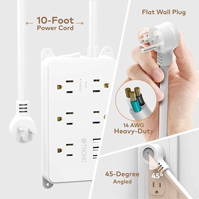 Power Strip Surge Protector Flat Plug, ETL Listed,  5 Widely-Spaced Outlets with 3 USB Ports, 1300 Joules, Low Profile Extension Cord 10ft, Wall Mountable, White