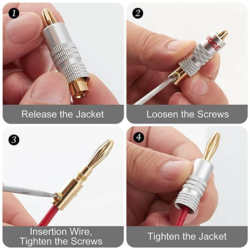 WG-009 Banana Plugs Audio Jack Connector 12 Pairs / 24 pcs, 24k Gold Dual Screw Lock Speaker Connector for Speaker Wire, Wall Plate, Home Theater, Audio/Video Receiver and Sound Systems