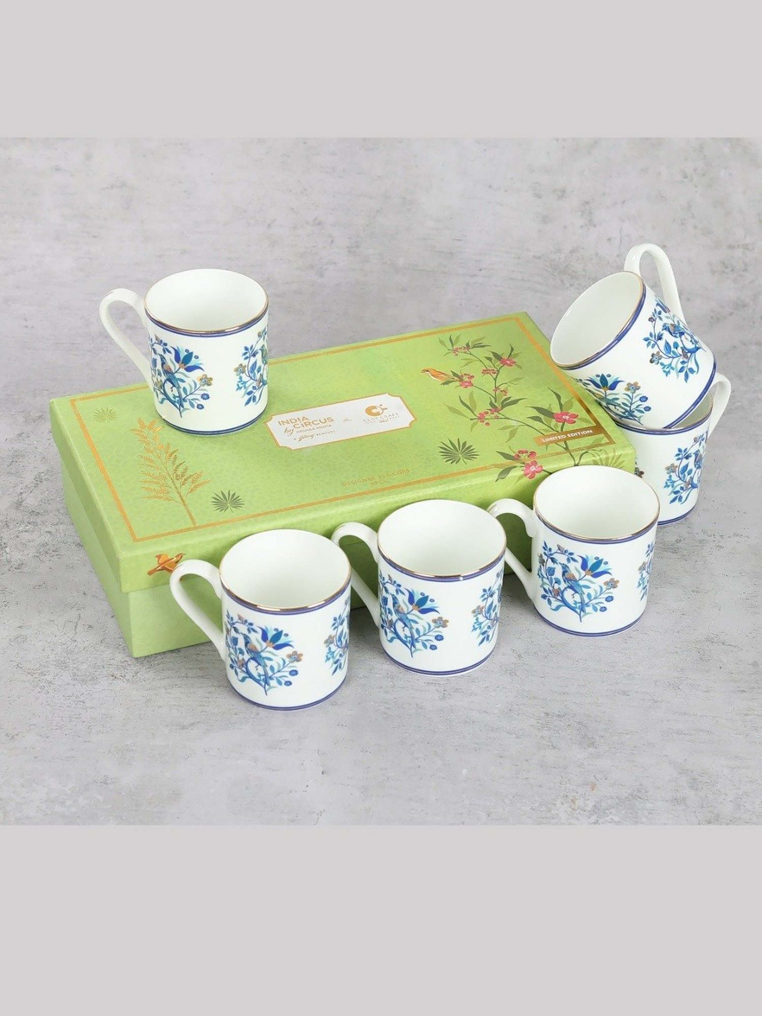 India Circus Floral Blue Bone China Coffee Mug - Set of 6 (220 ml)