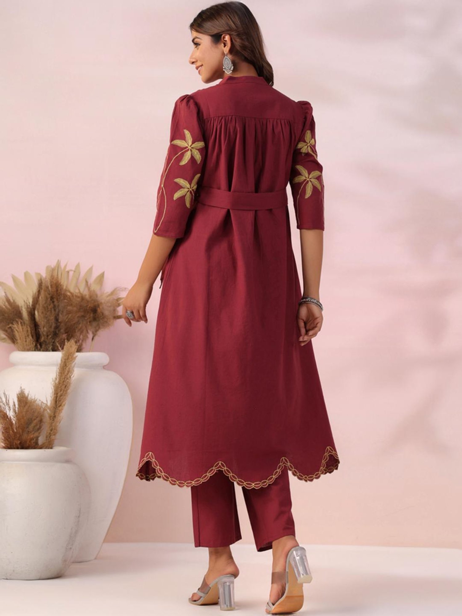 Fashor Maroon Cotton Embroidered Kurta Pant Set