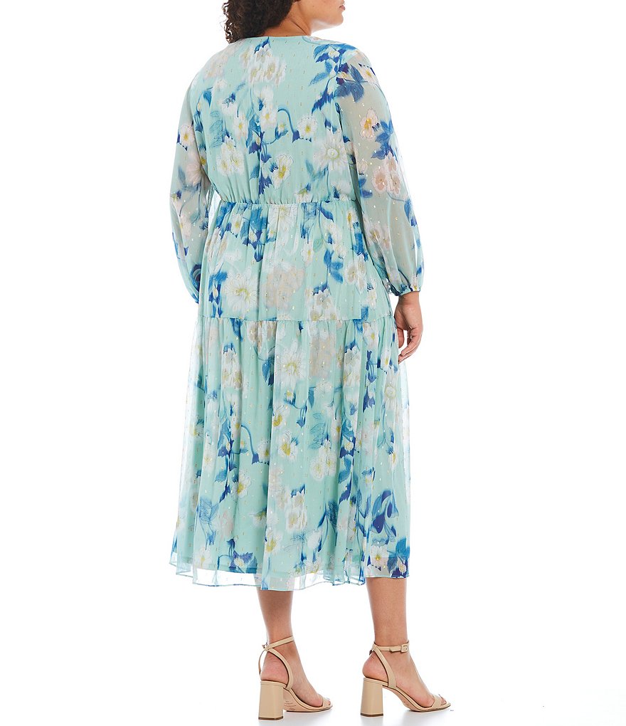 Adrianna Papell Plus Size Floral Metallic V-Neck Long Sleeve A-Line Midi Dress