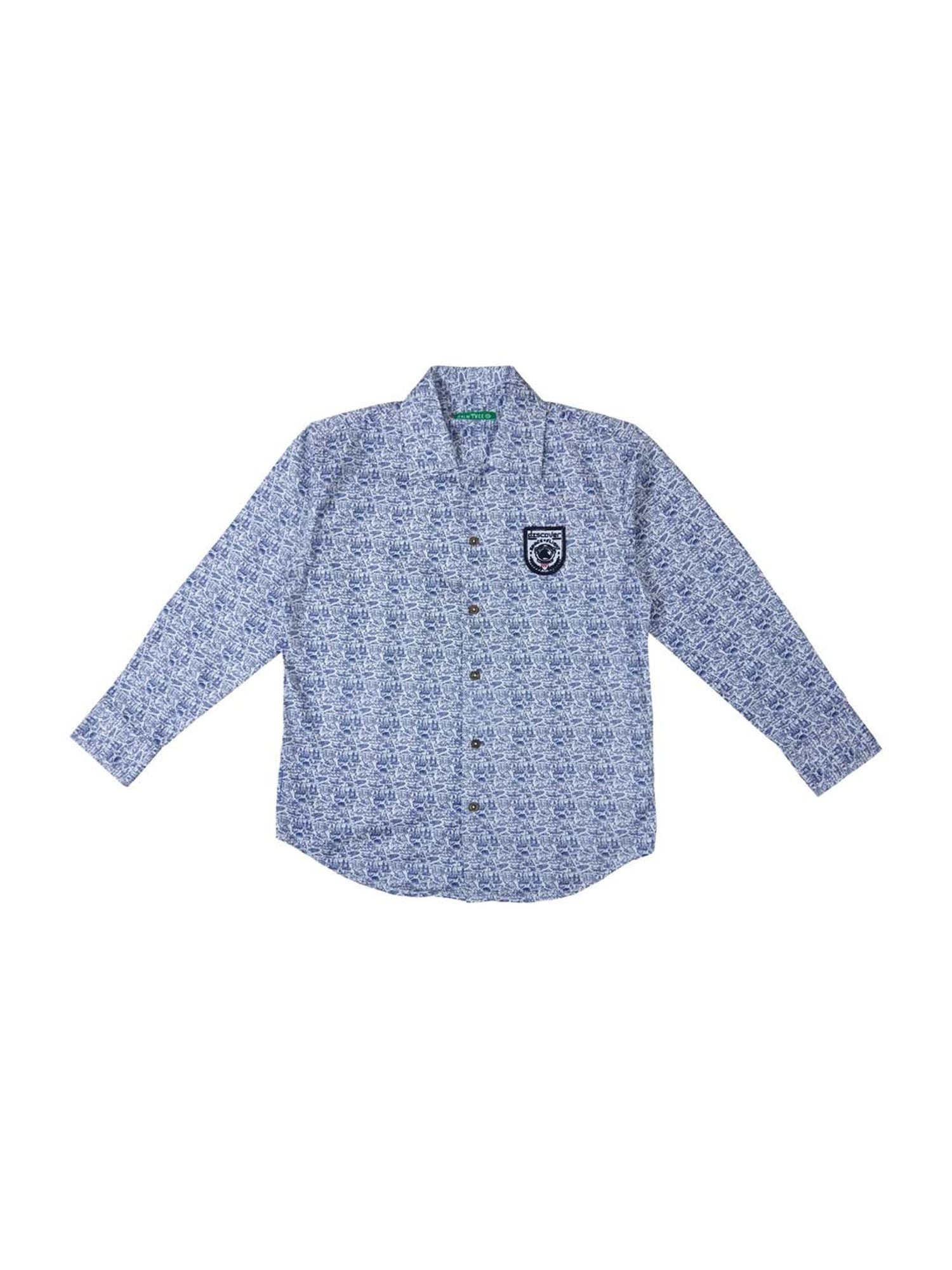 Palm Tree Kids Blue Cotton Printed Full Sleeves Shirt
