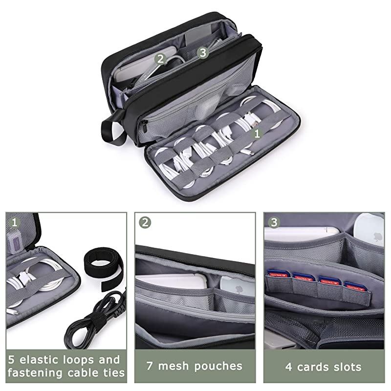 Electronic Organizer for Travel,  Travel Accessories Organizer Bag Large Capacity with Fastening Cable Ties for Tech Gadgets, PC Adaper, Thick Cables, Power Bank, SD Cards, Black