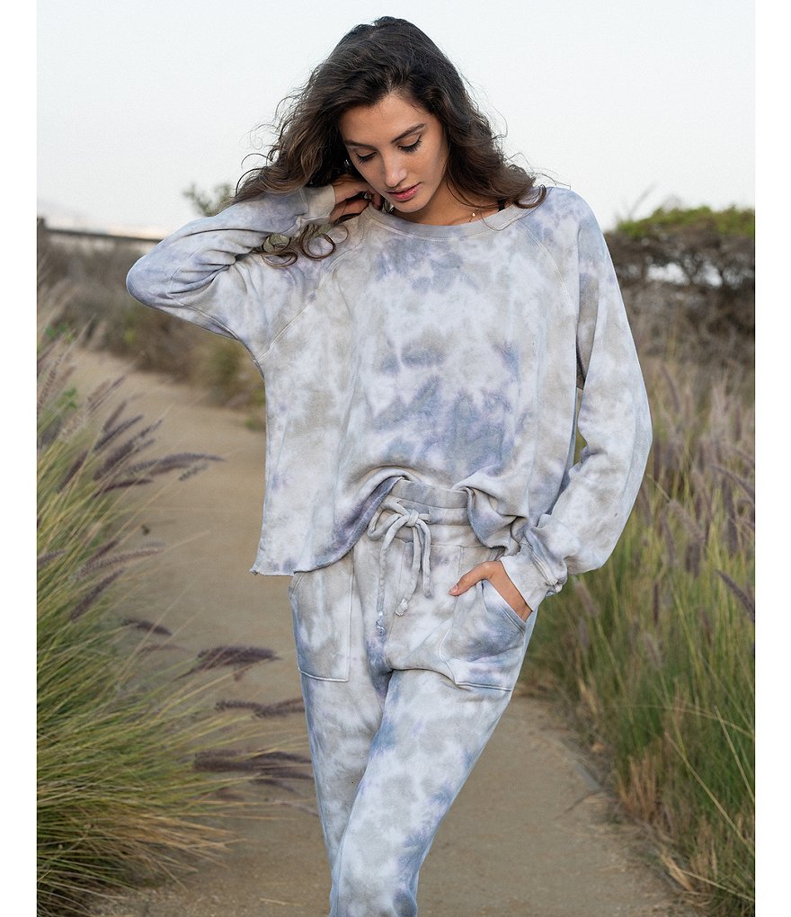 JALA Tie-Dye French Terry Cropped Coordinating Crew Neck Long Sleeve Lounge Top