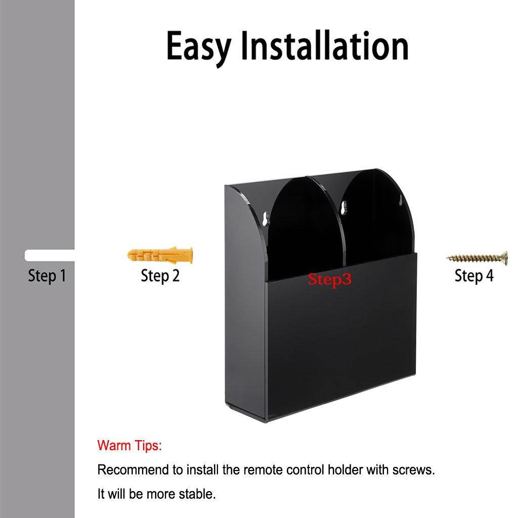 Hipiwe Wall Mount Remote Control Holder Clear Acrylic Media Organizer Storage Box Coffee Table and Nightstand Convenient Remote Control Caddy &hellip; (Two Compartments Black)