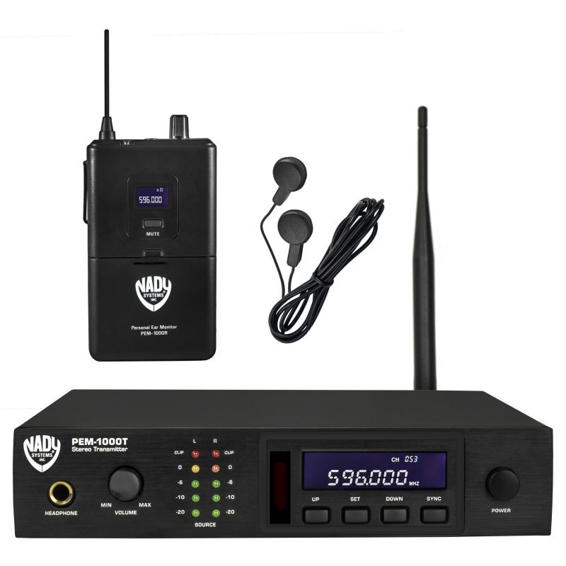 Nady PEM-1000 UHF 100-Channel Wireless Professional In-Ear Monitor System with Earbud Headphones