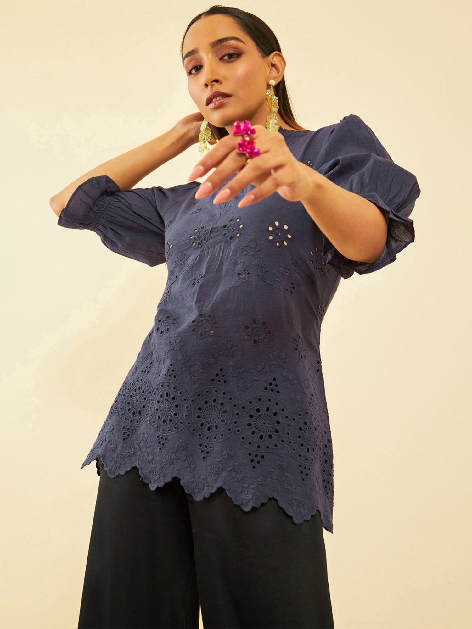 Soch Womens Blue Cotton Floral Schiffli Design Puff Sleeves Tunic