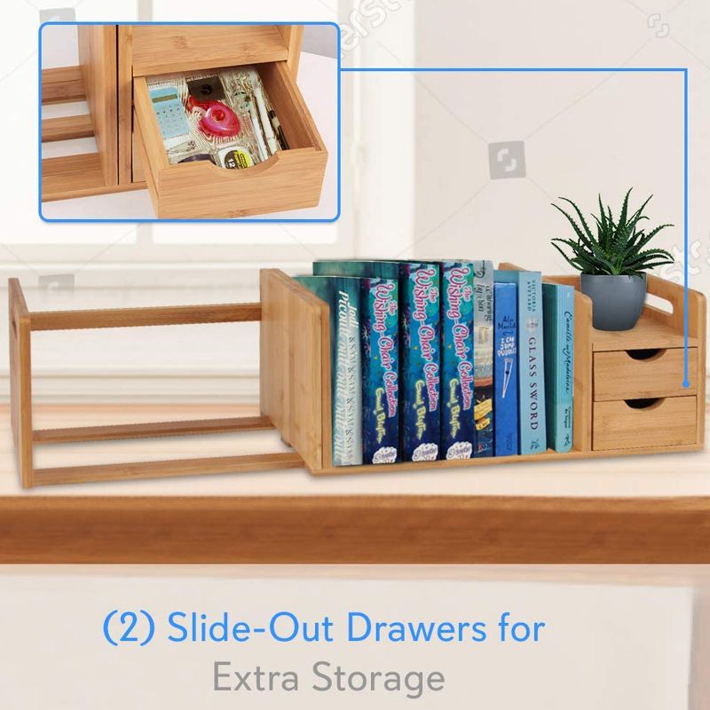 SereneLife Natural Bamboo Shelf Adjustable Bookshelf Desktop Organizer Unit with Storage Drawers for Books and Office Supplies